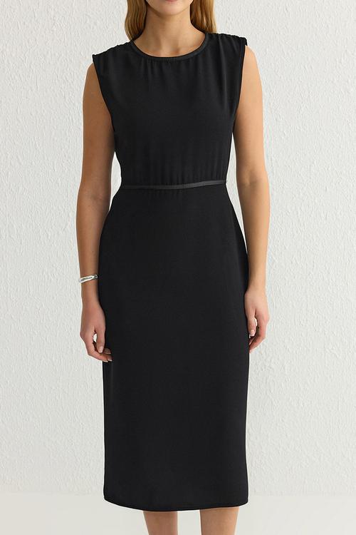 Black A-Line Midi Woven Crepe Dress