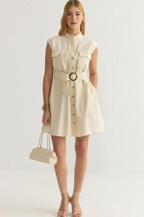 Stone Belt Pocket Detail Mini Woven Shirt Dress