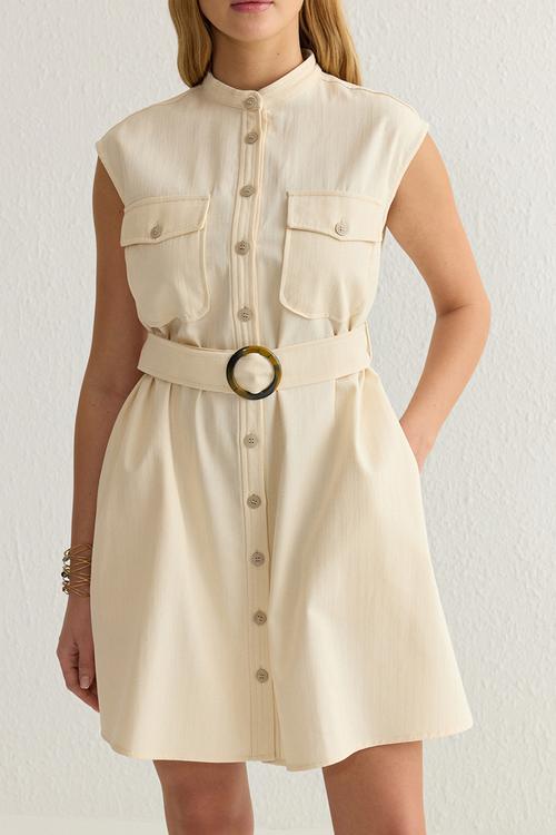 Stone Belt Pocket Detail Mini Woven Shirt Dress