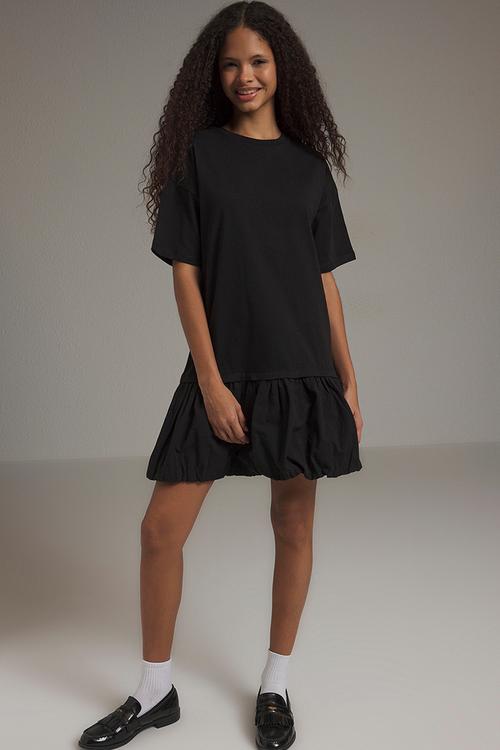 Black Woven Flounce Shift Cut Mini Knit Dress