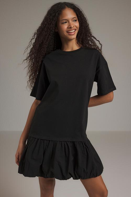 Black Woven Flounce Shift Cut Mini Knit Dress