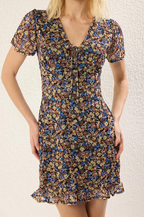 Multicolored Floral Mini Tulle Fitted Knit Dress with Tie Detail