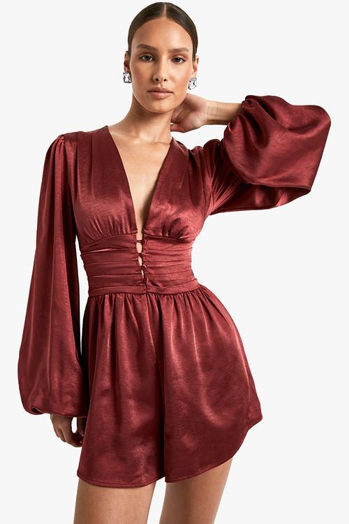Ruched waist satin playsuit - berry