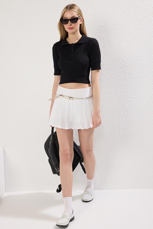 Polo Neck Crop Ribbed Stretchy Knitted Top - Black*001