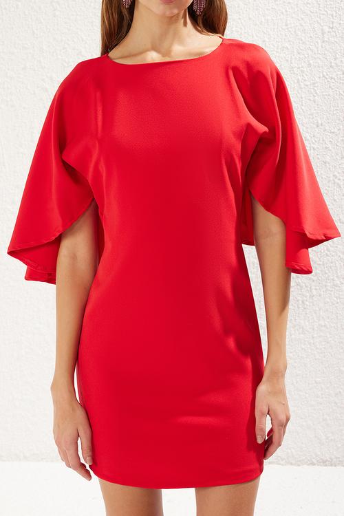 Boat Neck Cape Detailed Woven Elegant Evening Dress - Red