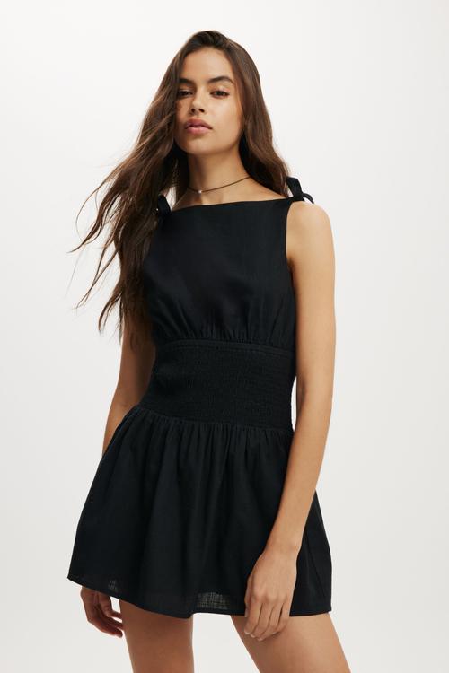 Mini Dress With Straight Neckline And Bow Details - Black