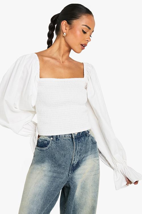 Shirred cotton poplin blouse - white