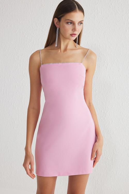 Accessory Detailed Strapless Woven Short Elegant - Pink Stone