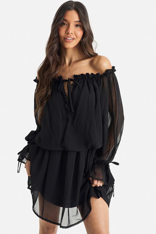 Chiffon bardot dropped waist mini dress - black