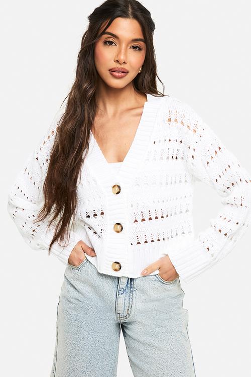 Crochet button through crop cardigan - white