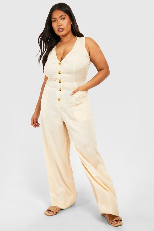 Plus woven tailored button down jumpsuit - stone