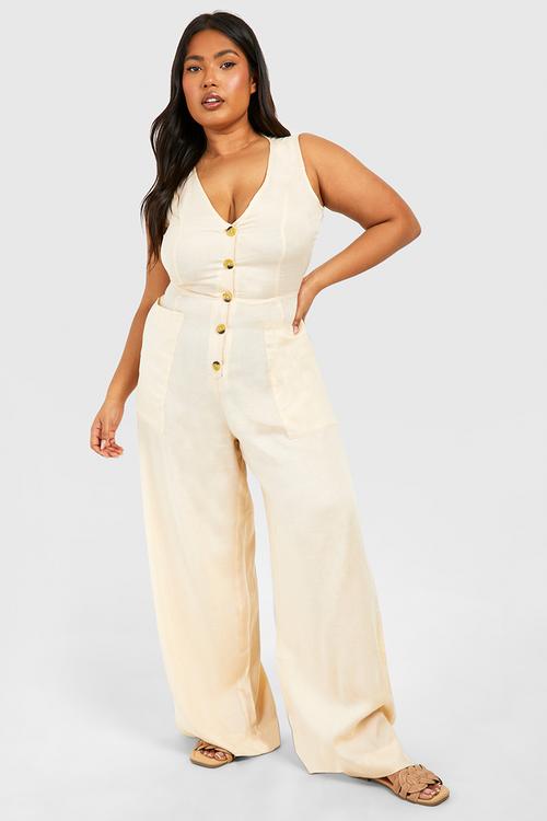 Plus woven tailored button down jumpsuit - stone
