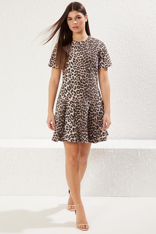 Leopard Patterned Ruffle Skirt Brown Mini Denim Dress