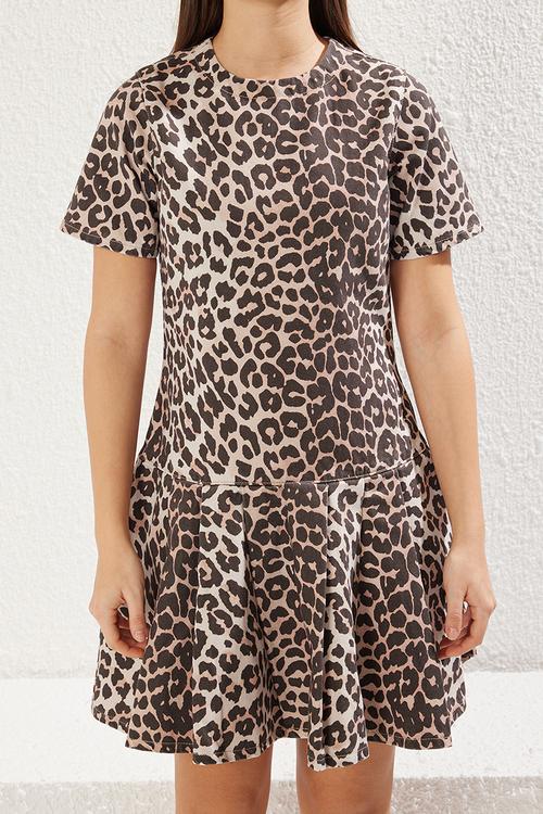 Leopard Patterned Ruffle Skirt Brown Mini Denim Dress