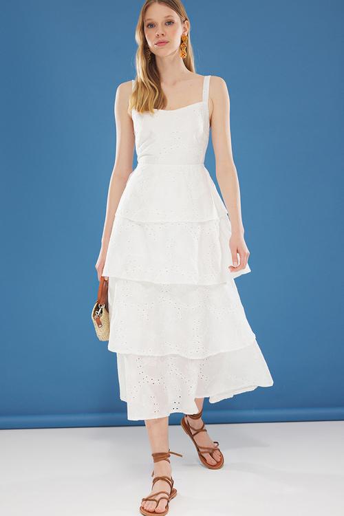 White Maxi Embroidered Woven Dress  Tie Detail on the Back