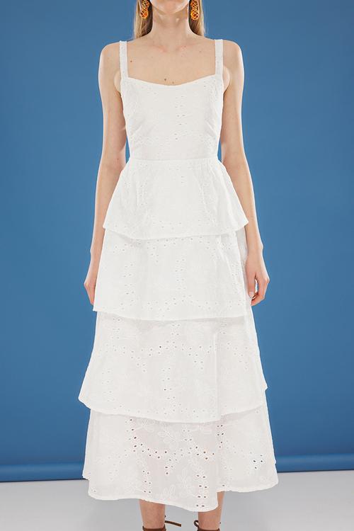 White Maxi Embroidered Woven Dress  Tie Detail on the Back