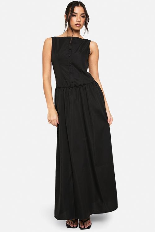 Slash neck button detail maxi dress - black