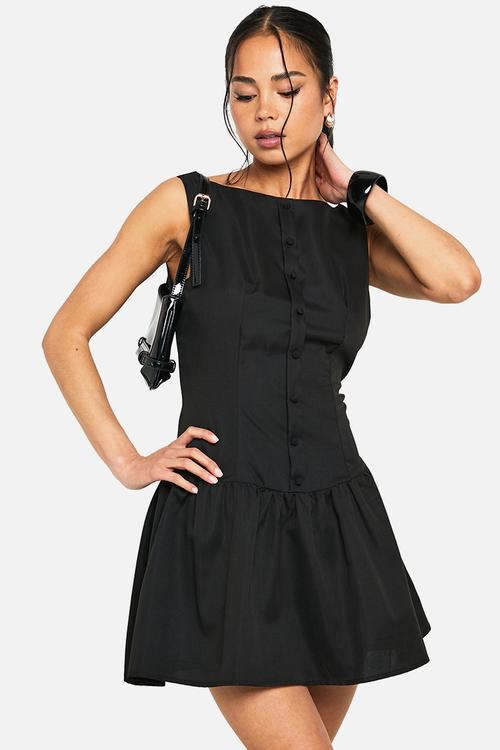 Slash neck button detail mini dress - black