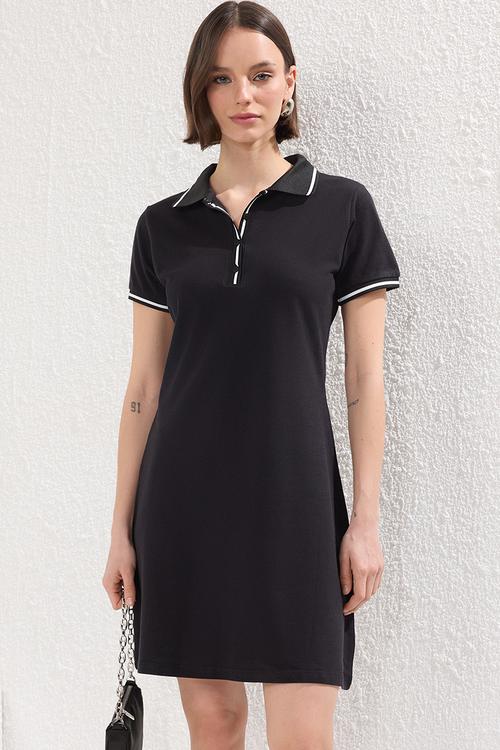 Black Color Block Polo Neck Mini Knit Dress