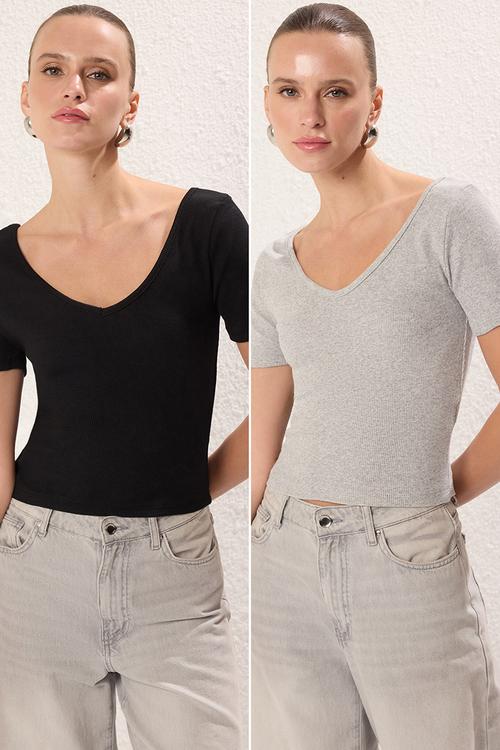 2-Pack V-Neck Short Sleeve Elastic Knitted Top - Black/Grey