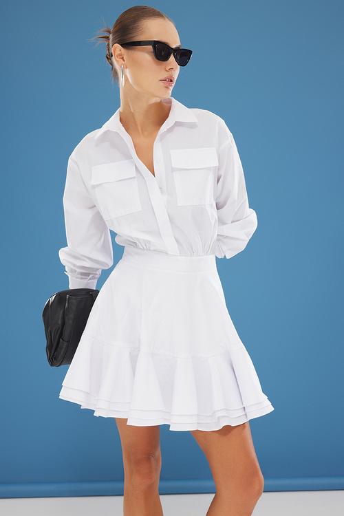 White Mini Woven Dress with Flounce Detail