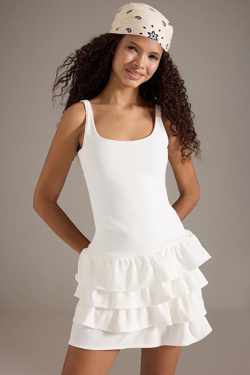Plain Flounces / Ruffles Mini Stretchy Knitted - White