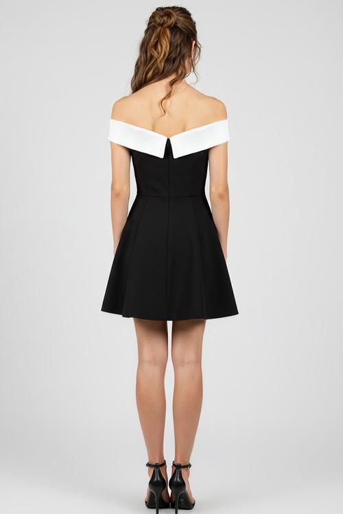 Black-White A-Line Carmen Collar Woven Dress
