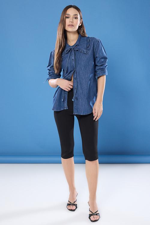 Tie Detail Baby Collar Denim Shirt - Dark blue