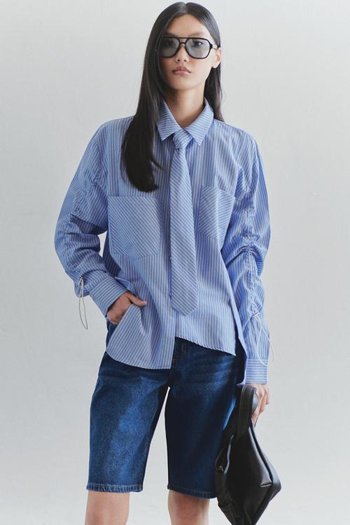 Limited Edition Blue Tie Detail Striped Woven Shirt - Blue