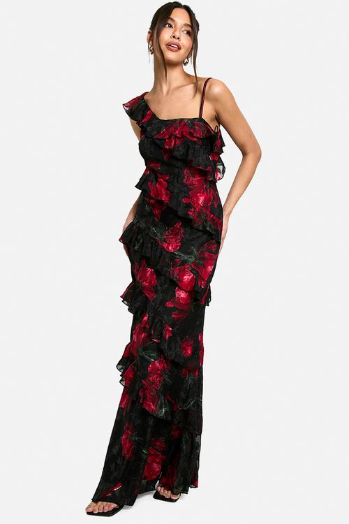 Floral one shoulder ruffle maxi dress - black