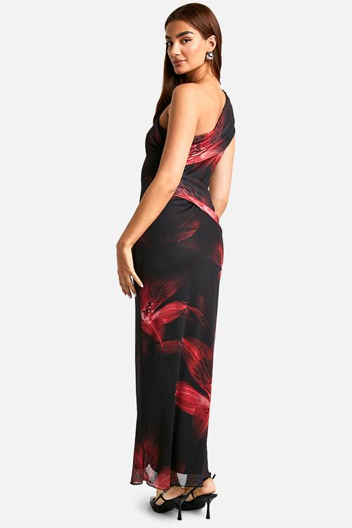 Fold over one shoulder floral mesh maxi dress - black