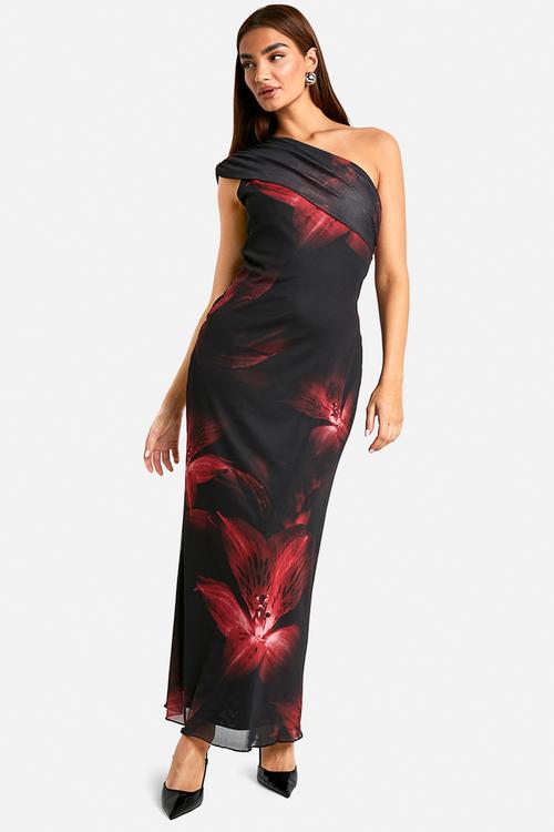 Fold over one shoulder floral mesh maxi dress - black