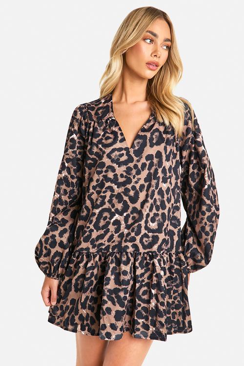Leopard drop hem smock dress - brown