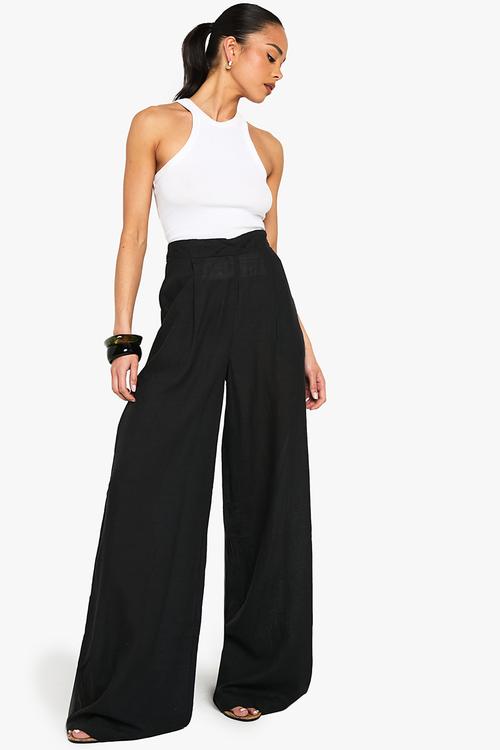 Linen look wide leg relaxed fit trousers - black