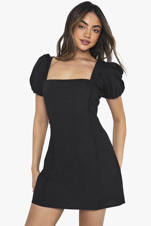 Cotton puff sleeve mini dress - black