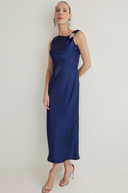 A-Line Accessory Detailed Satin Woven Elegant - Navy Blue