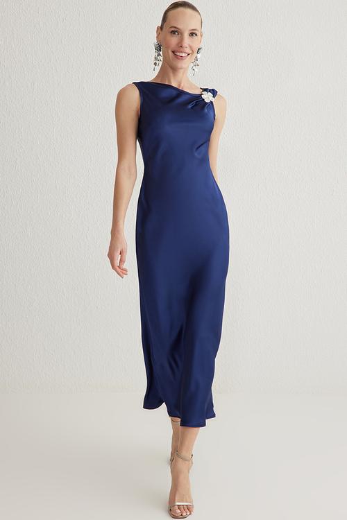 A-Line Accessory Detailed Satin Woven Elegant - Navy Blue