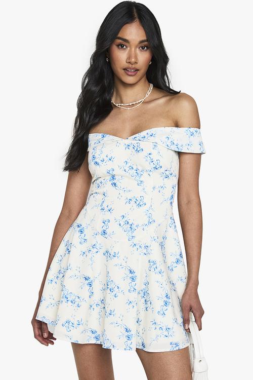 Floral print bardot skater mini dress - blue