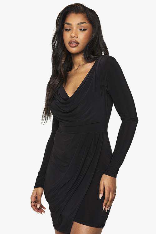 Slinky rouched wrap mini dress - black