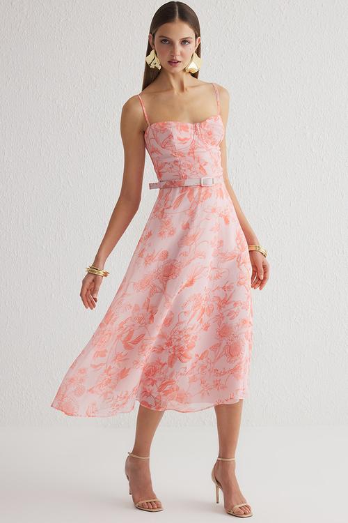  A-Line Floral Patterned Chiffon Woven Prom Dress - Multi-Colored