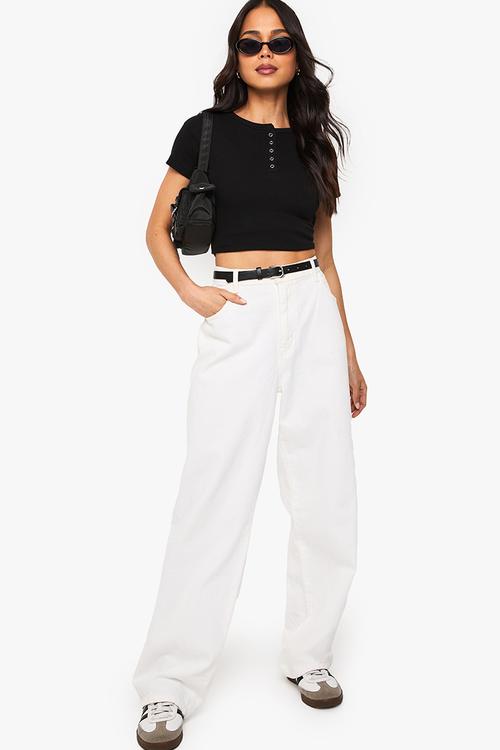 Rib popper neckline crew neck top - black