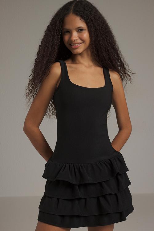 Frill Short / Mini Flexible Knit Dress - Black