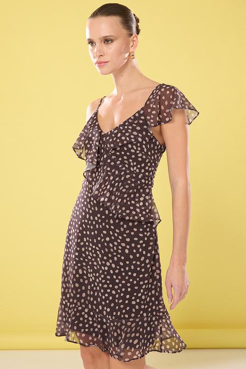 Polka Dot A Cut Flounce Mini Woven Dress - Brown