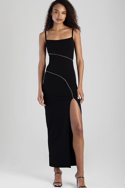 Strappy Maxi Dress With Slit And Bling Trim - Black