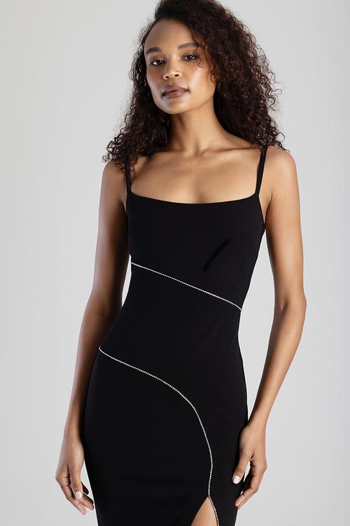 Strappy Maxi Dress With Slit And Bling Trim - Black