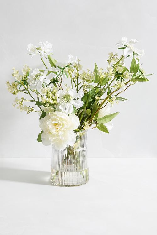 Scabiosa white peony in ribbed glass vase