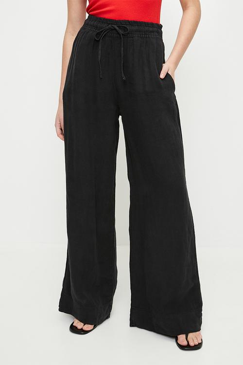 Linen elastic waist high waist extra trousers- brown