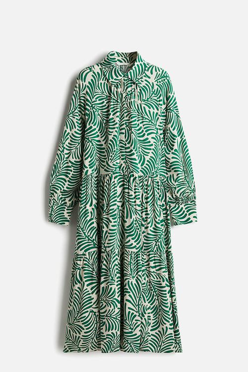 Viscose shirt dress - cream & green patterned