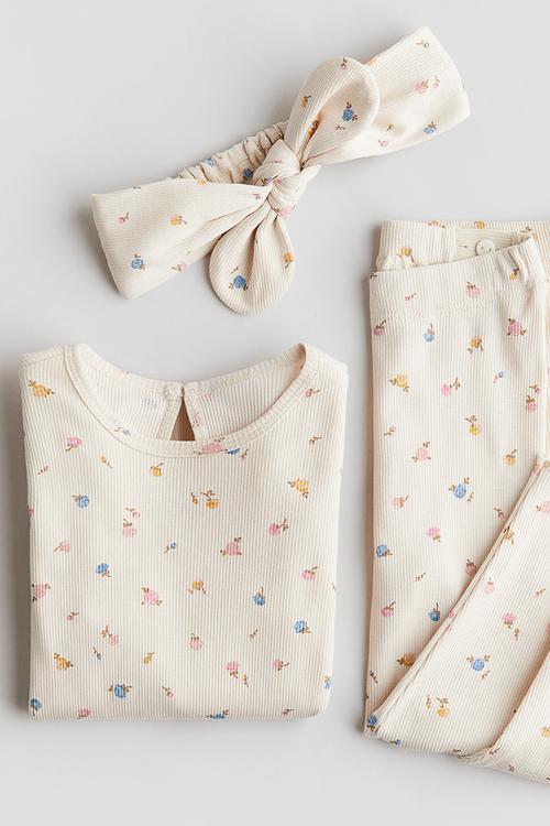 3-piece cotton jersey set - cream floral