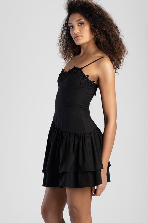 Mini Dress With Asymmetric Ruffle Skirt And Crochet Trim - Black